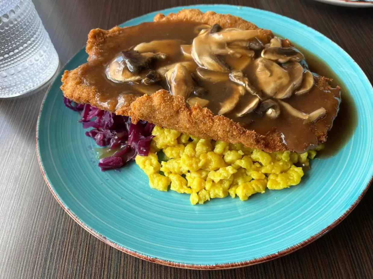 Jäger schnitzel smothered in mushroom gravy with spätzle and red cabbage on a turquoise plate